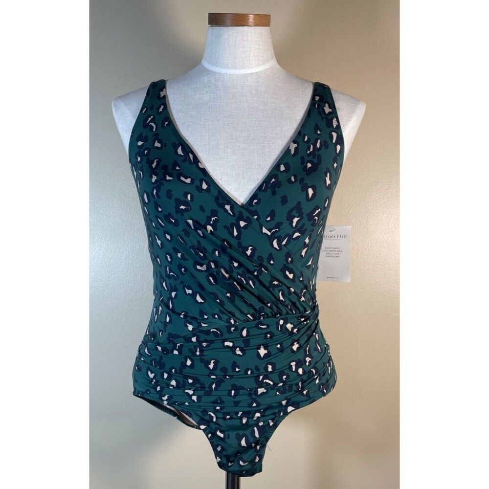 Garnet Hill Ruched  Women's Green Pine Leopard Print Swim Size 4 NWT one piece